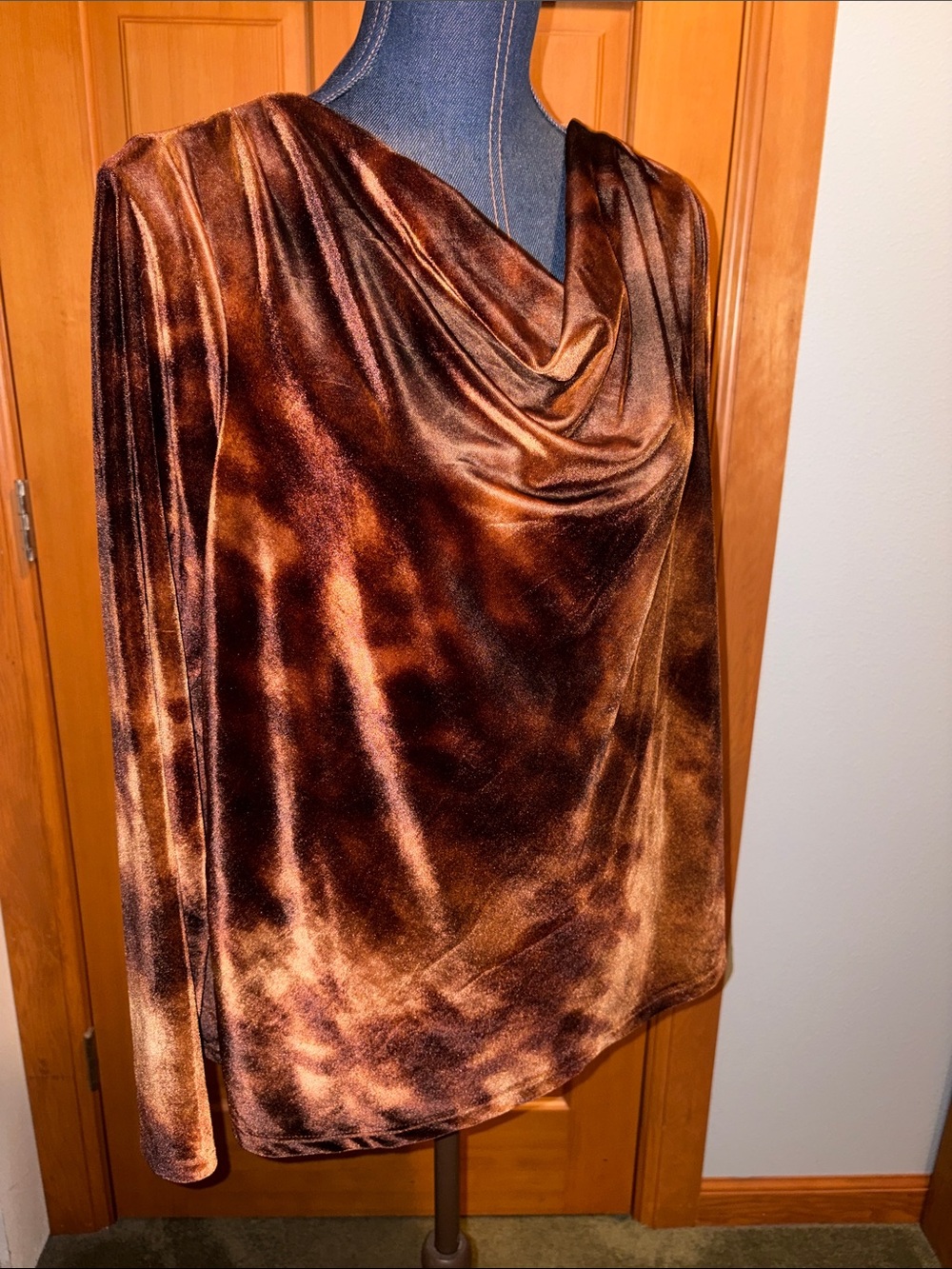 Susan Graver Brown Velvet Cowl/Draped Neck Blouse